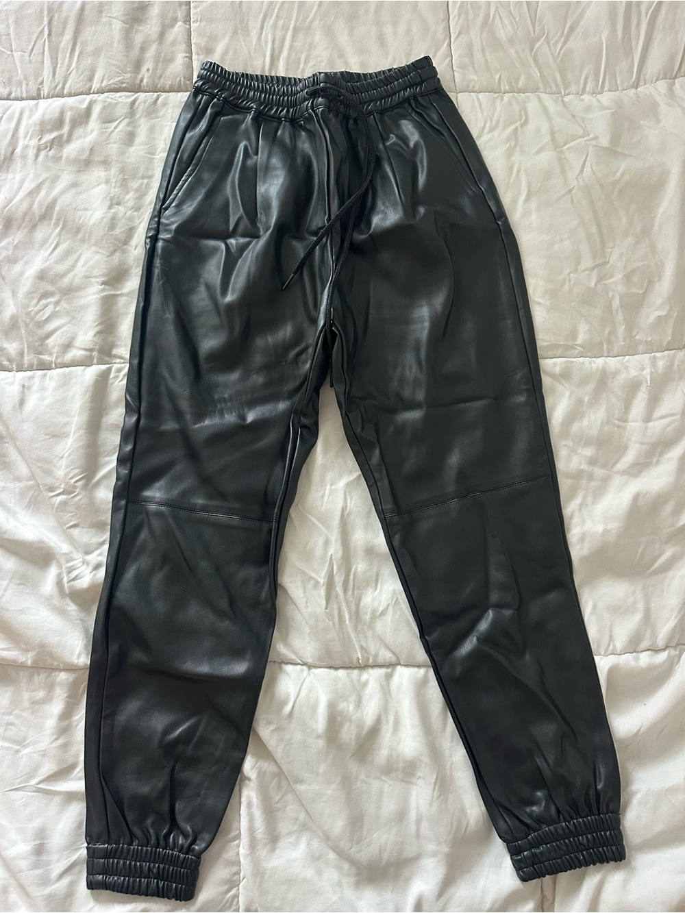 Zara Black Faux Leather Joggers with Elastic Waist